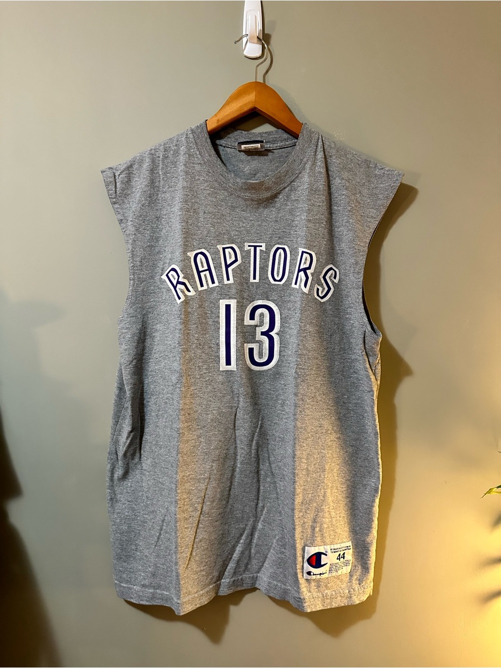 Vintage Champion Gray Raptors Sleeveless Jersey Tee with White & Blue Accents